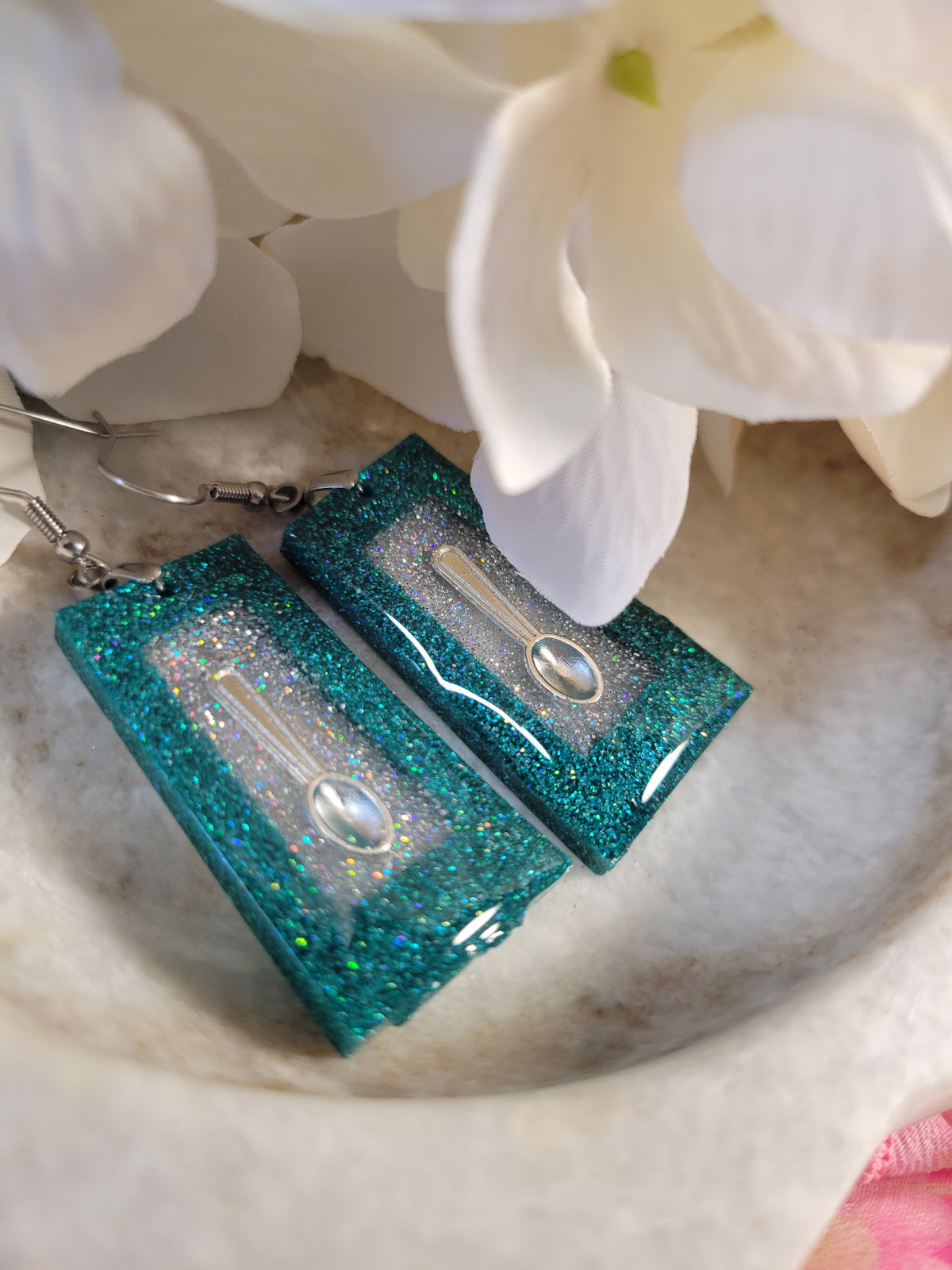 Spoonie resin dangle earrings; custom