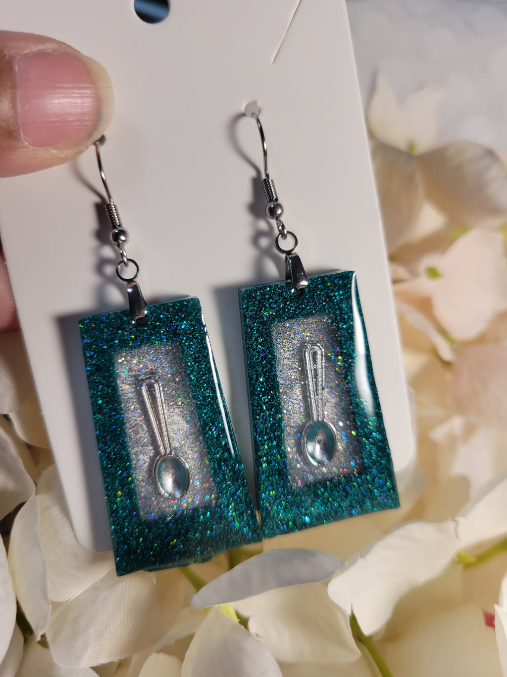 Spoonie resin dangle earrings; custom