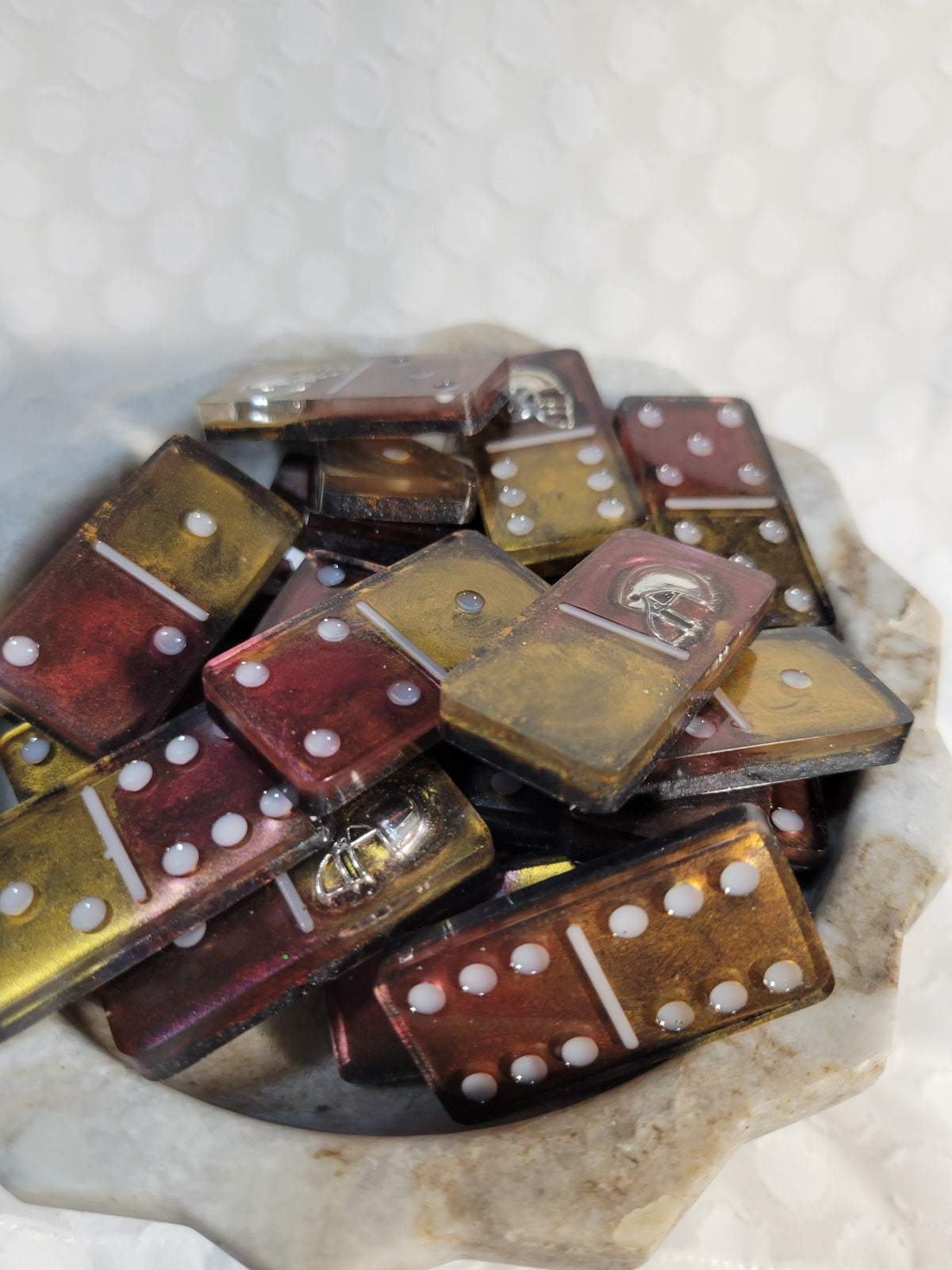 Burgundy and Gold Commanders inspired domino set; double 6's