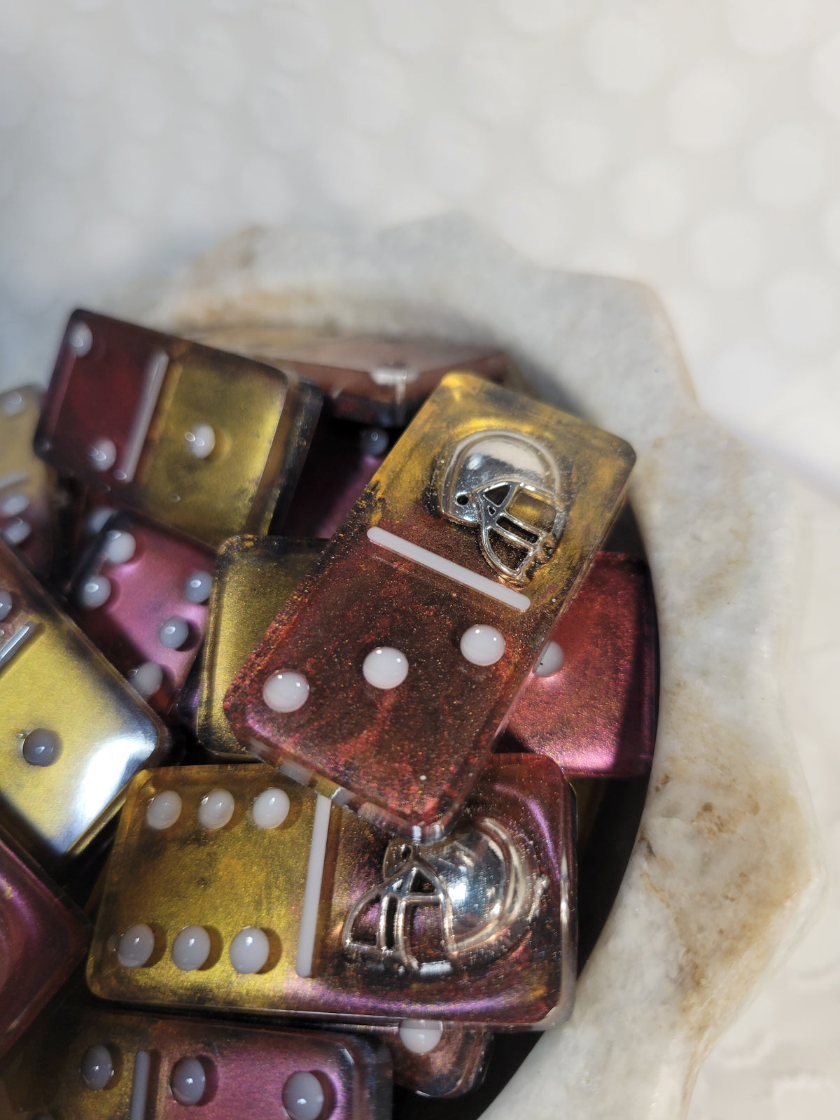 Burgundy and Gold Commanders inspired domino set; double 6's