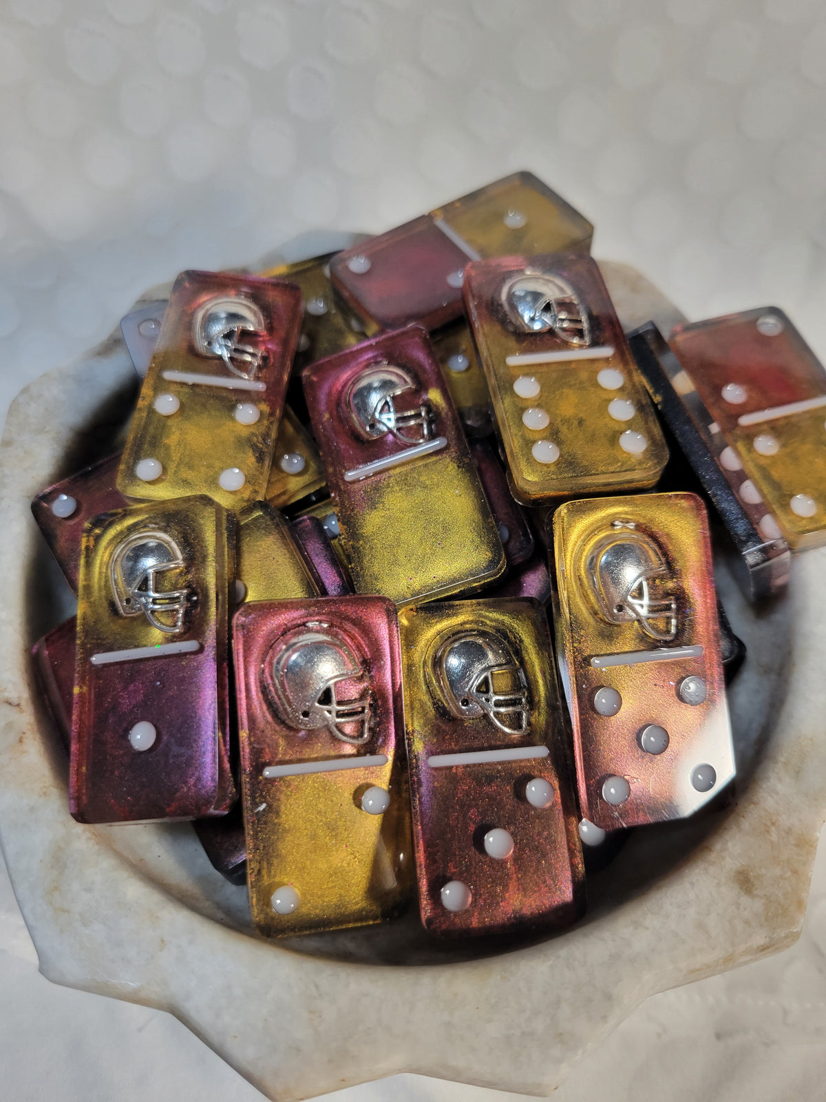 Burgundy and Gold Commanders inspired domino set; double 6's