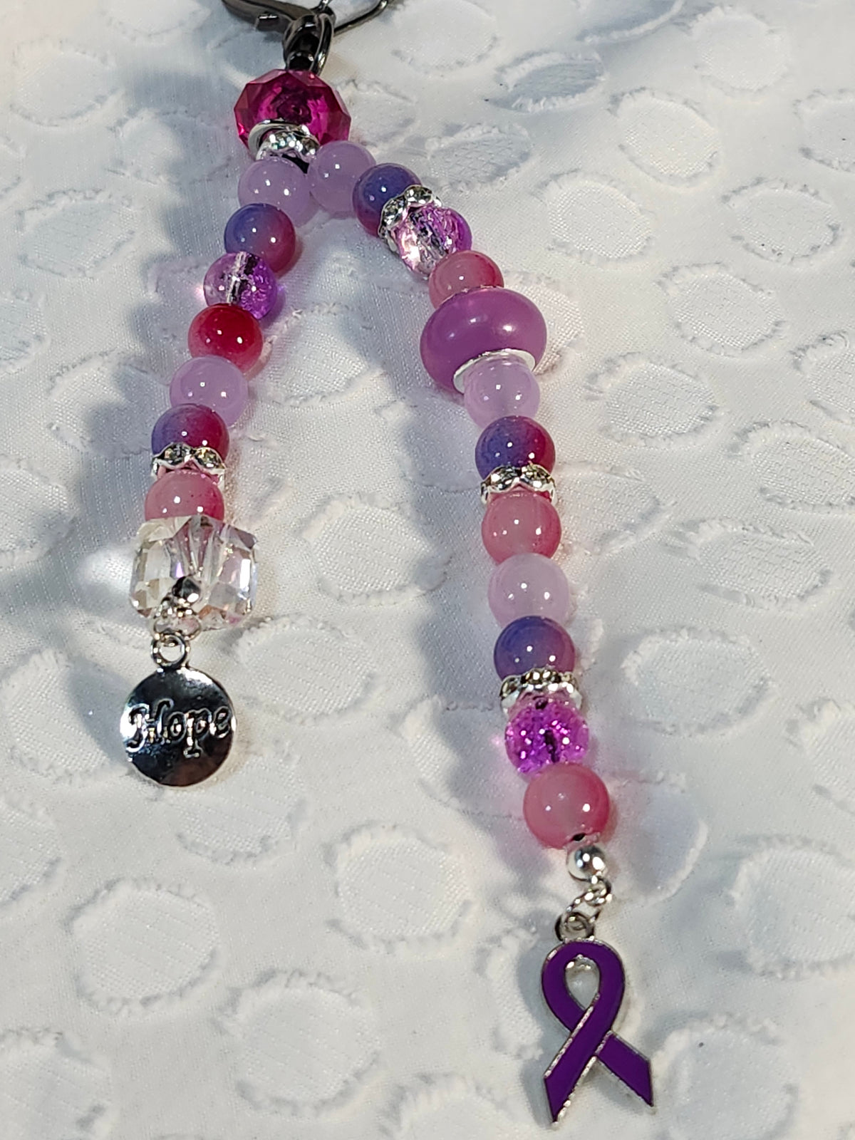 Purple ribbon inspired keychain accessory; Fibromyalgia, Lupus, Epilepsy, Domestic Violence