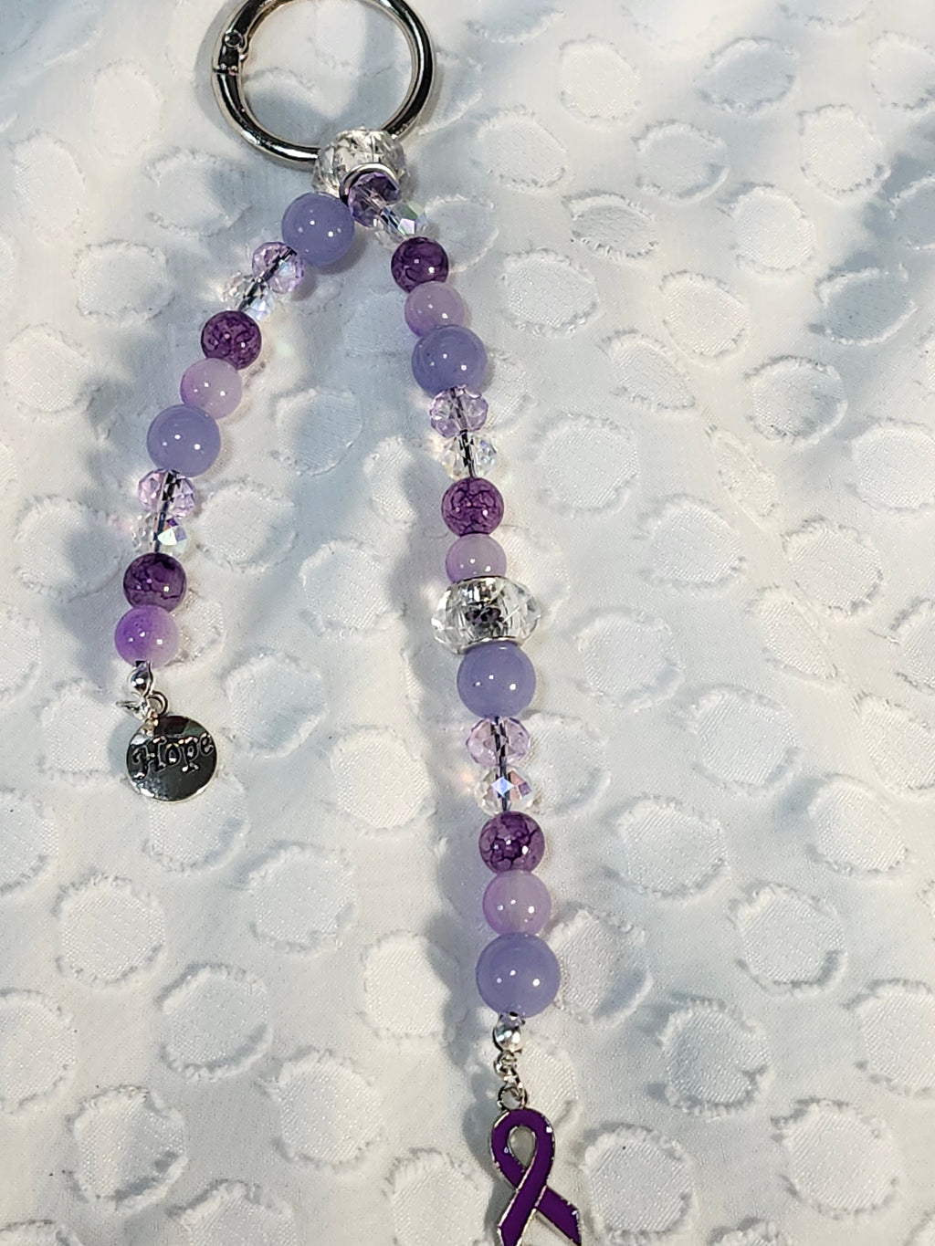 Purple ribbon inspired keychain accessory; Fibromyalgia, Lupus, Epilepsy, Domestic Violence