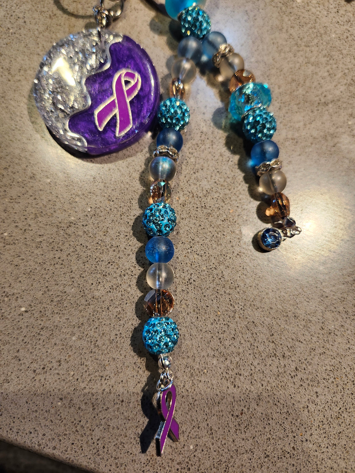 Purple ribbon inspired keychain accessory; Fibromyalgia, Lupus, Epilepsy, Domestic Violence