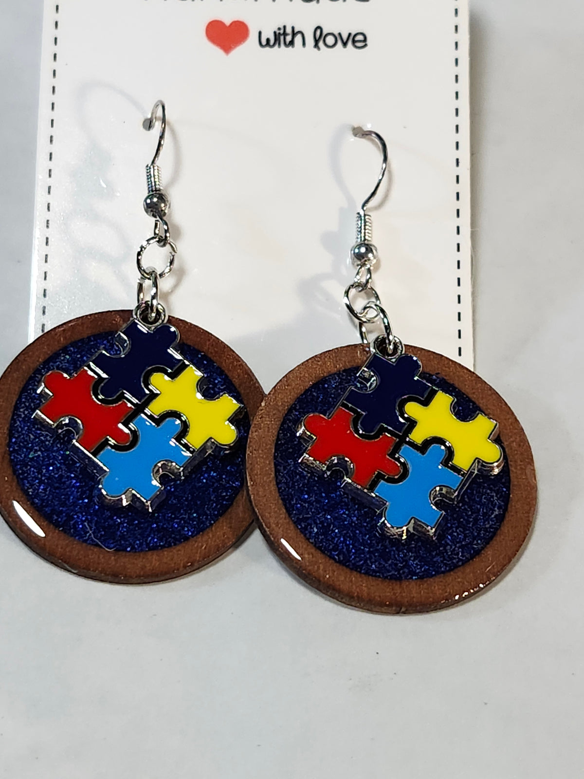 Autism inspired wood and resin dangle earrings; custom