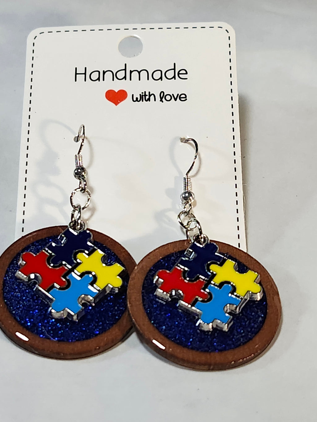 Autism inspired wood and resin dangle earrings; custom