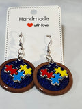 Autism inspired wood and resin dangle earrings; custom