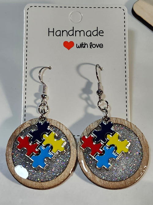 Autism inspired wood and resin dangle earrings; custom