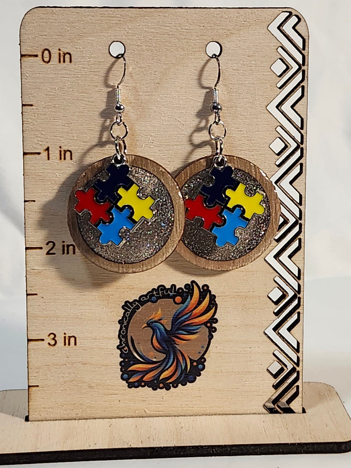 Autism inspired wood and resin dangle earrings; custom