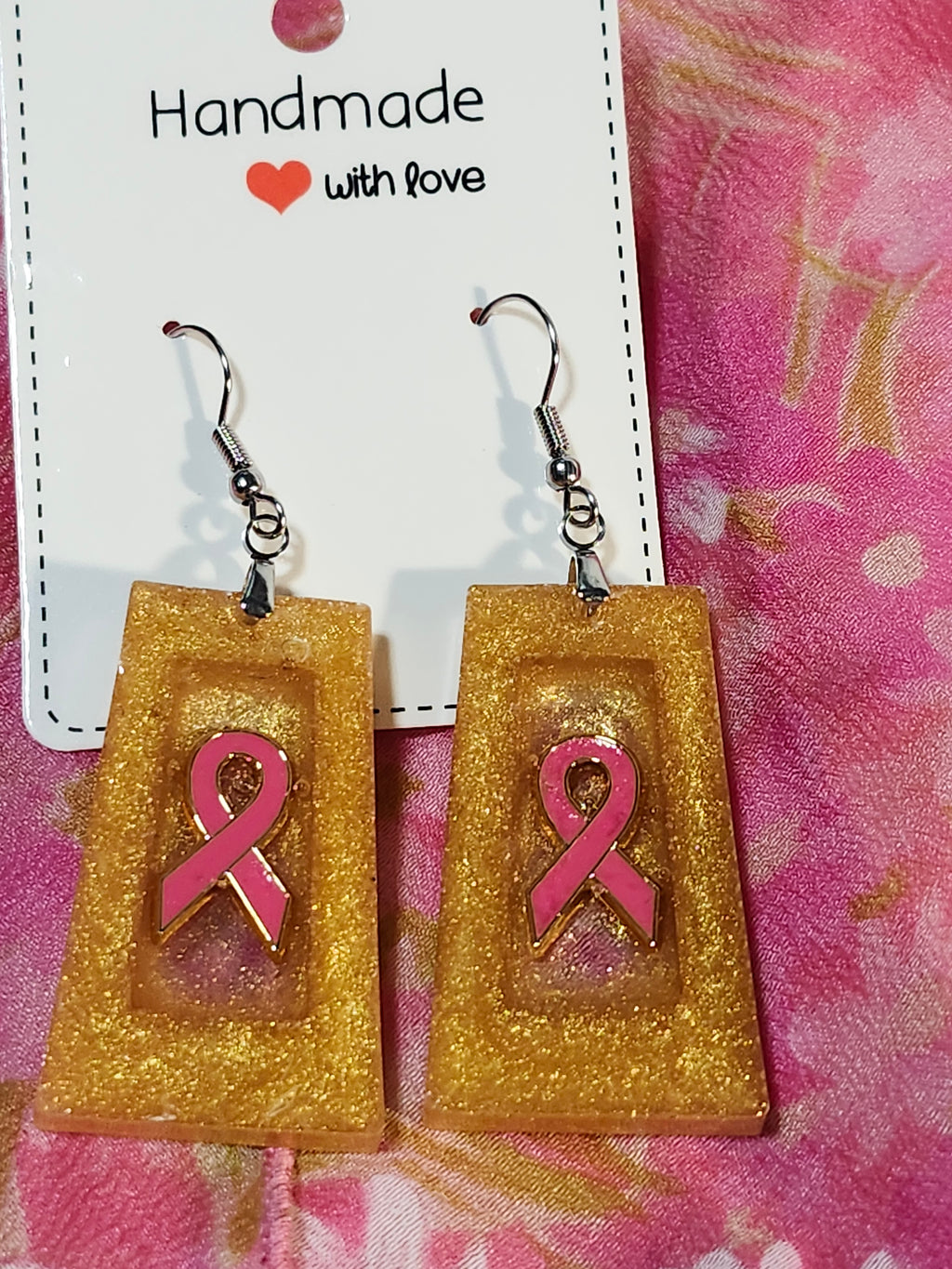 Breast Cancer Inspired Rectangle Dangle Earrings; Custom