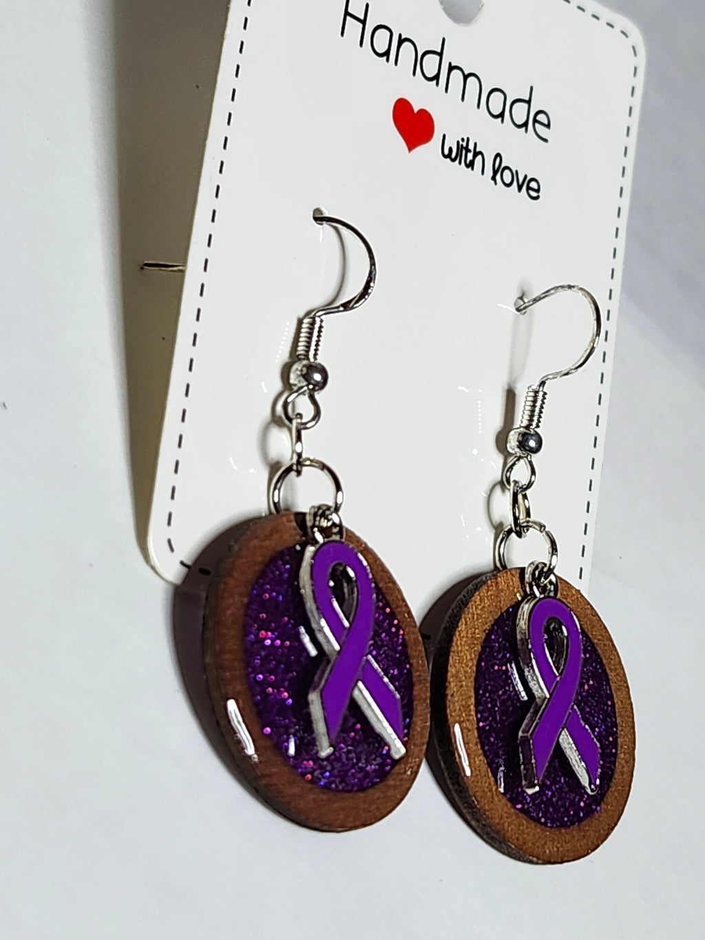 Purple ribbon resin and wood dangle earrings; custom