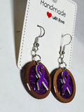 Purple ribbon resin and wood dangle earrings; custom