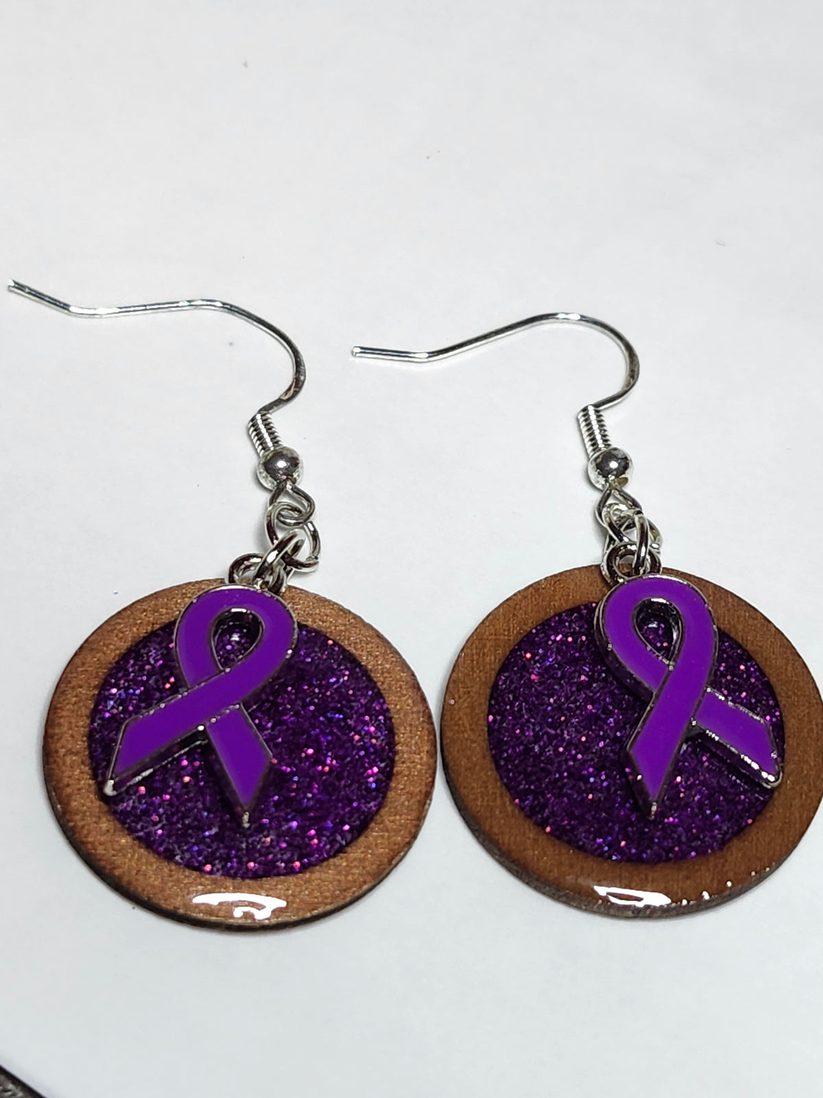 Purple ribbon resin and wood dangle earrings; custom