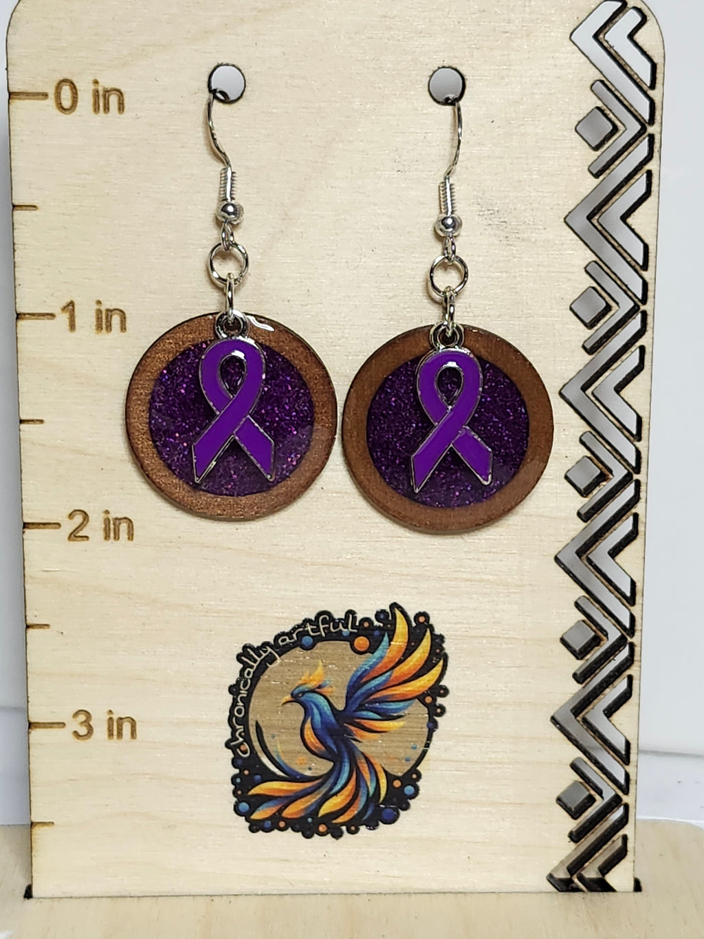 Purple ribbon resin and wood dangle earrings; custom