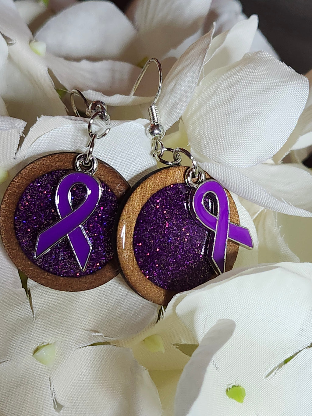 Purple ribbon resin and wood dangle earrings; custom