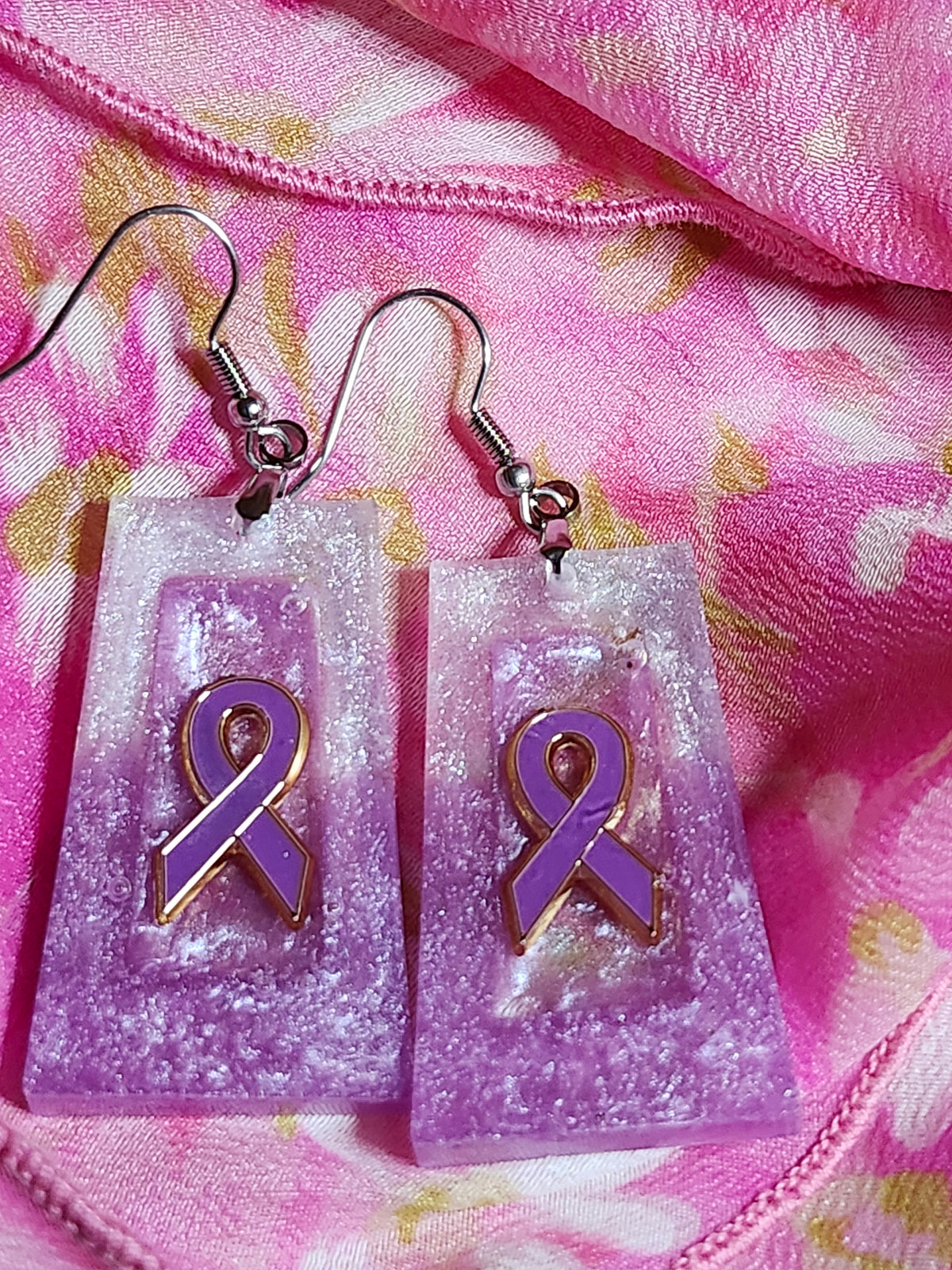 Purple ribbon inspired resin dangle earrings; Fibromyalgia, Lupus, Domestic Violence