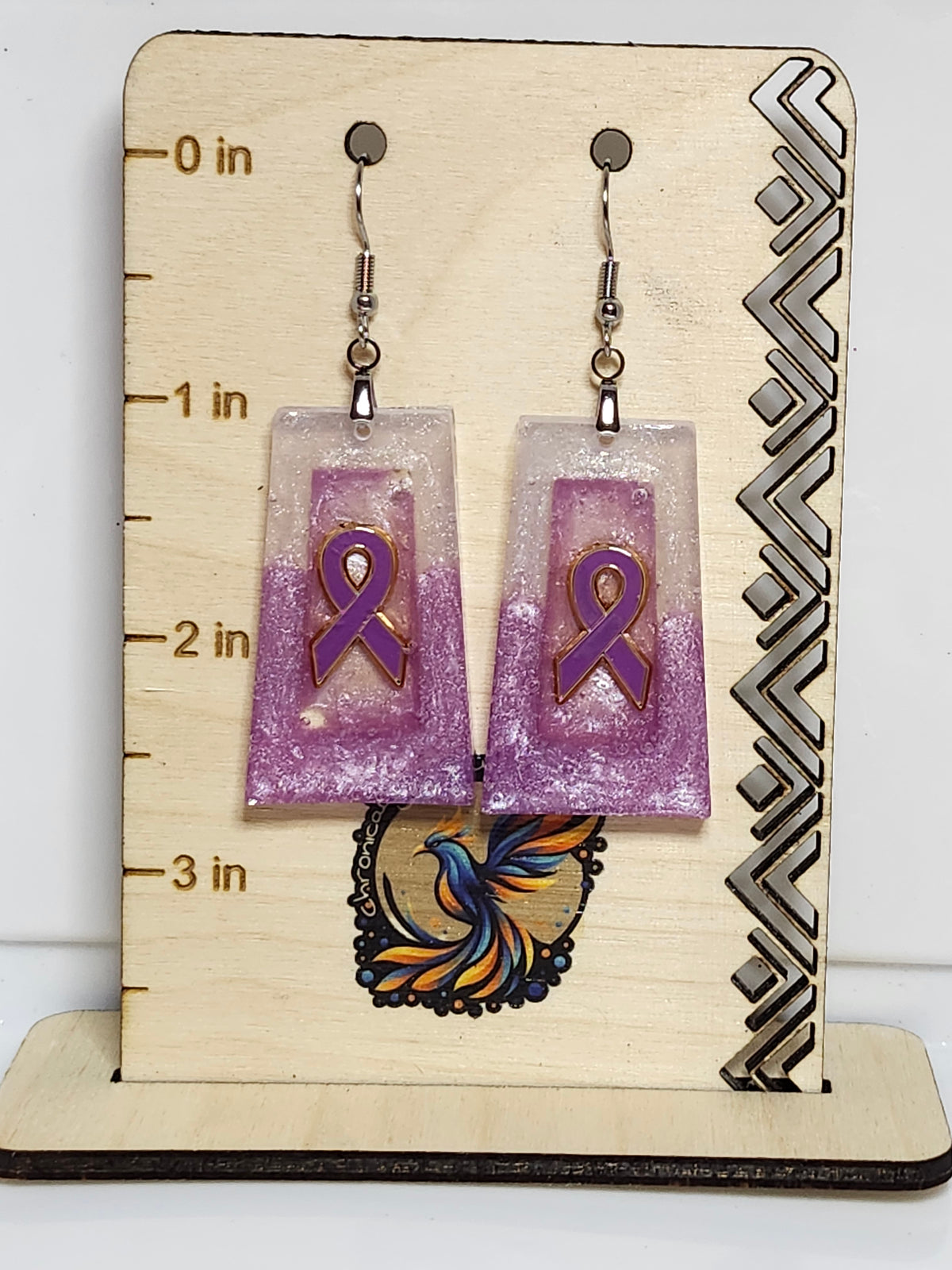 Purple ribbon inspired resin dangle earrings; Fibromyalgia, Lupus, Domestic Violence