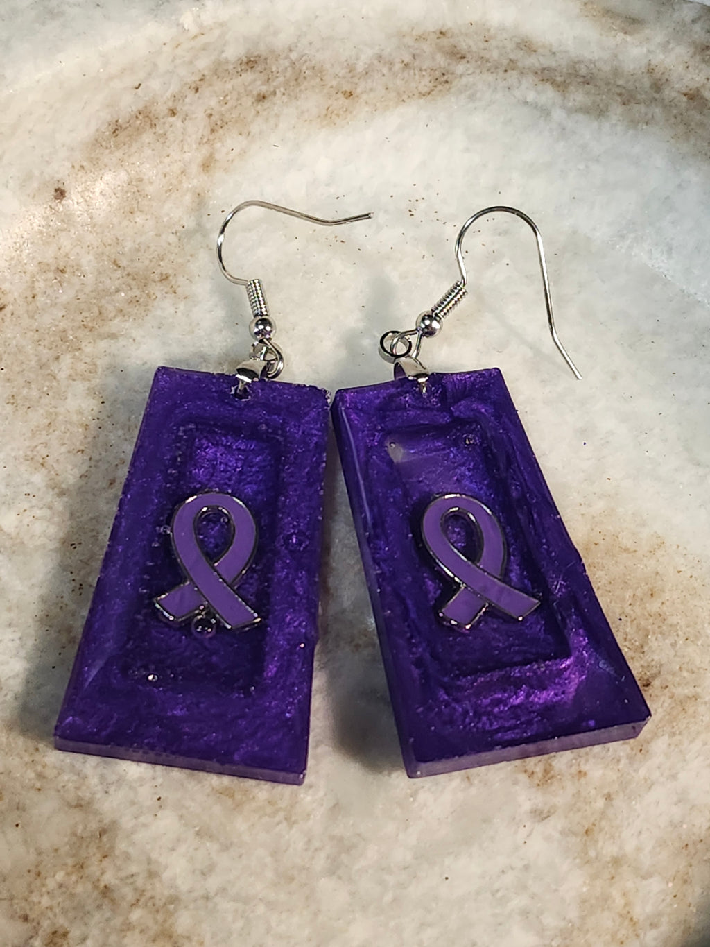 Purple ribbon inspired resin dangle earrings; Fibromyalgia, Lupus, Domestic Violence