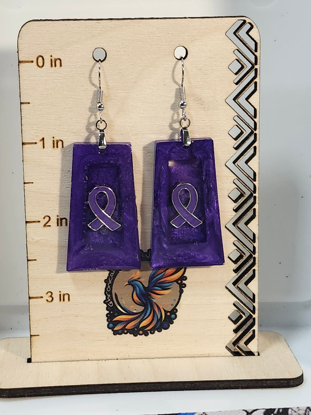 Purple ribbon inspired resin dangle earrings; Fibromyalgia, Lupus, Domestic Violence