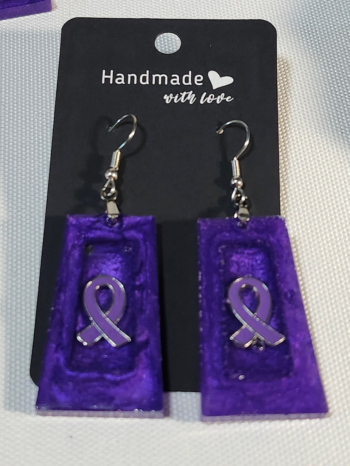 Purple ribbon inspired resin dangle earrings; Fibromyalgia, Lupus, Domestic Violence