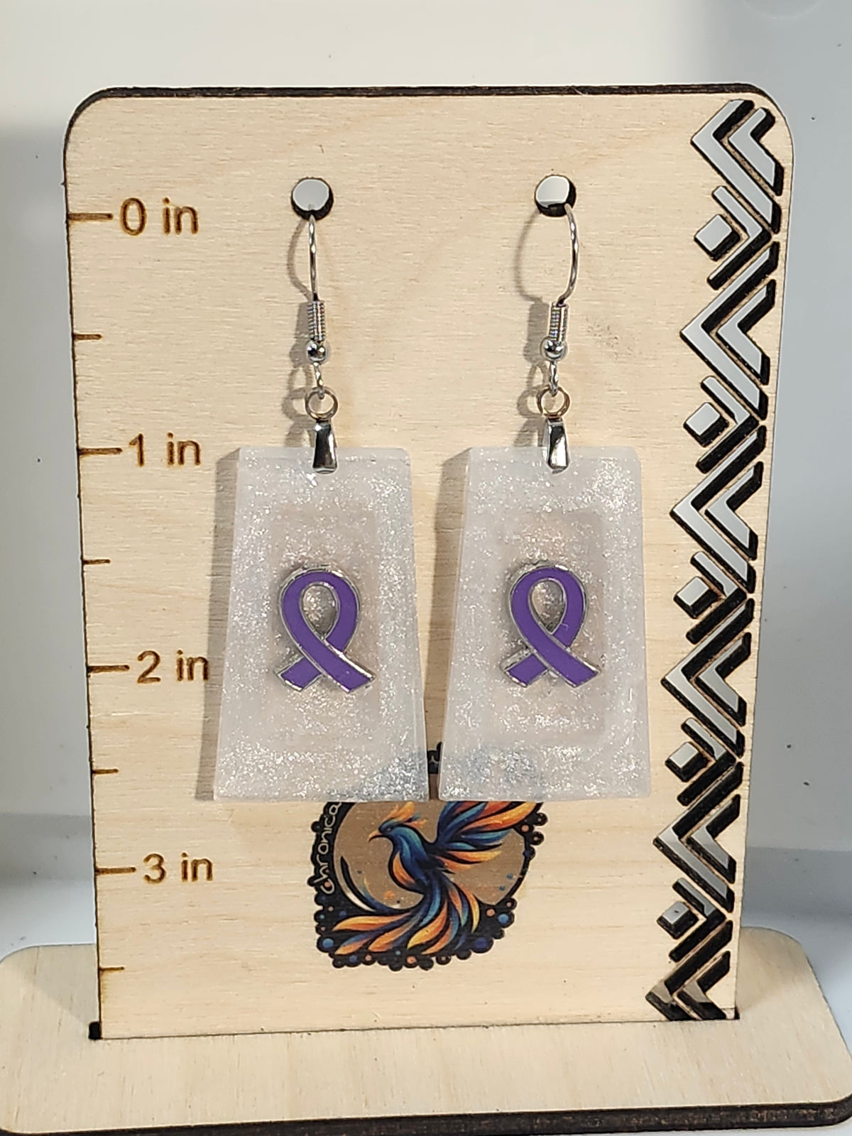 Purple ribbon inspired resin dangle earrings; Fibromyalgia, Lupus, Domestic Violence