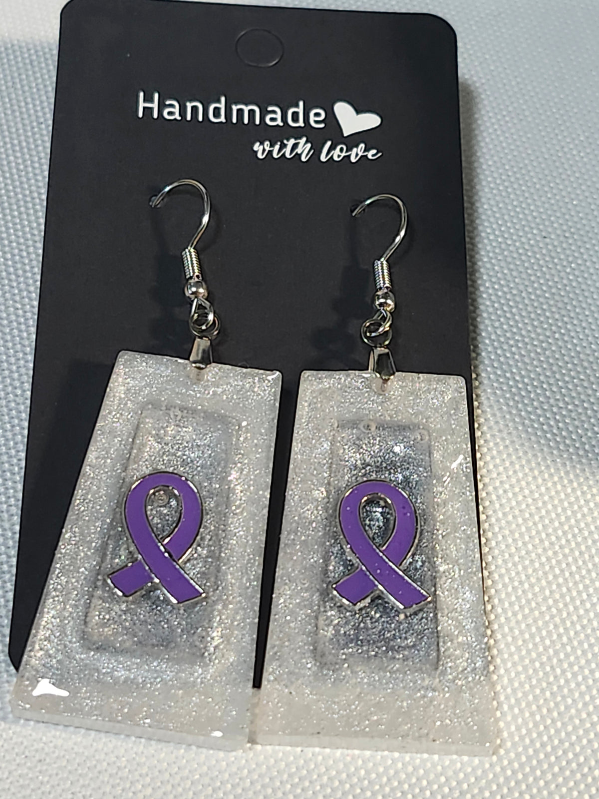 Purple ribbon inspired resin dangle earrings; Fibromyalgia, Lupus, Domestic Violence