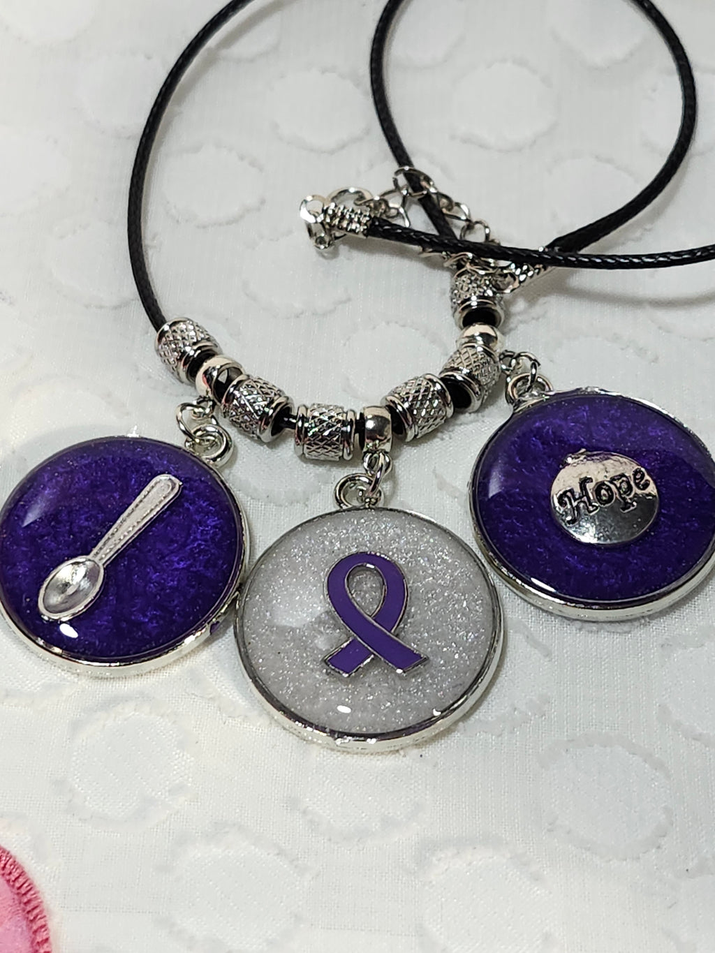 Purple ribbon awareness pendant necklace; Fibromyalgia, Lupus, epilepsy, domestic violence