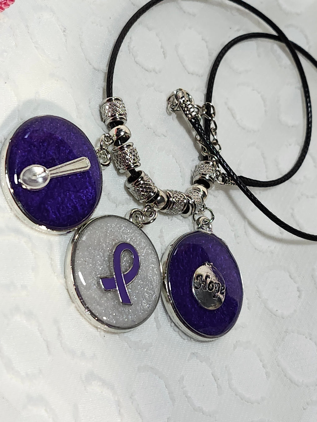 Purple ribbon awareness pendant necklace; Fibromyalgia, Lupus, epilepsy, domestic violence