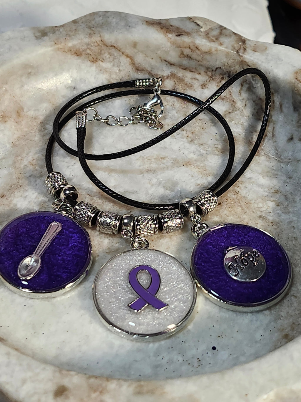 Purple ribbon awareness pendant necklace; Fibromyalgia, Lupus, epilepsy, domestic violence