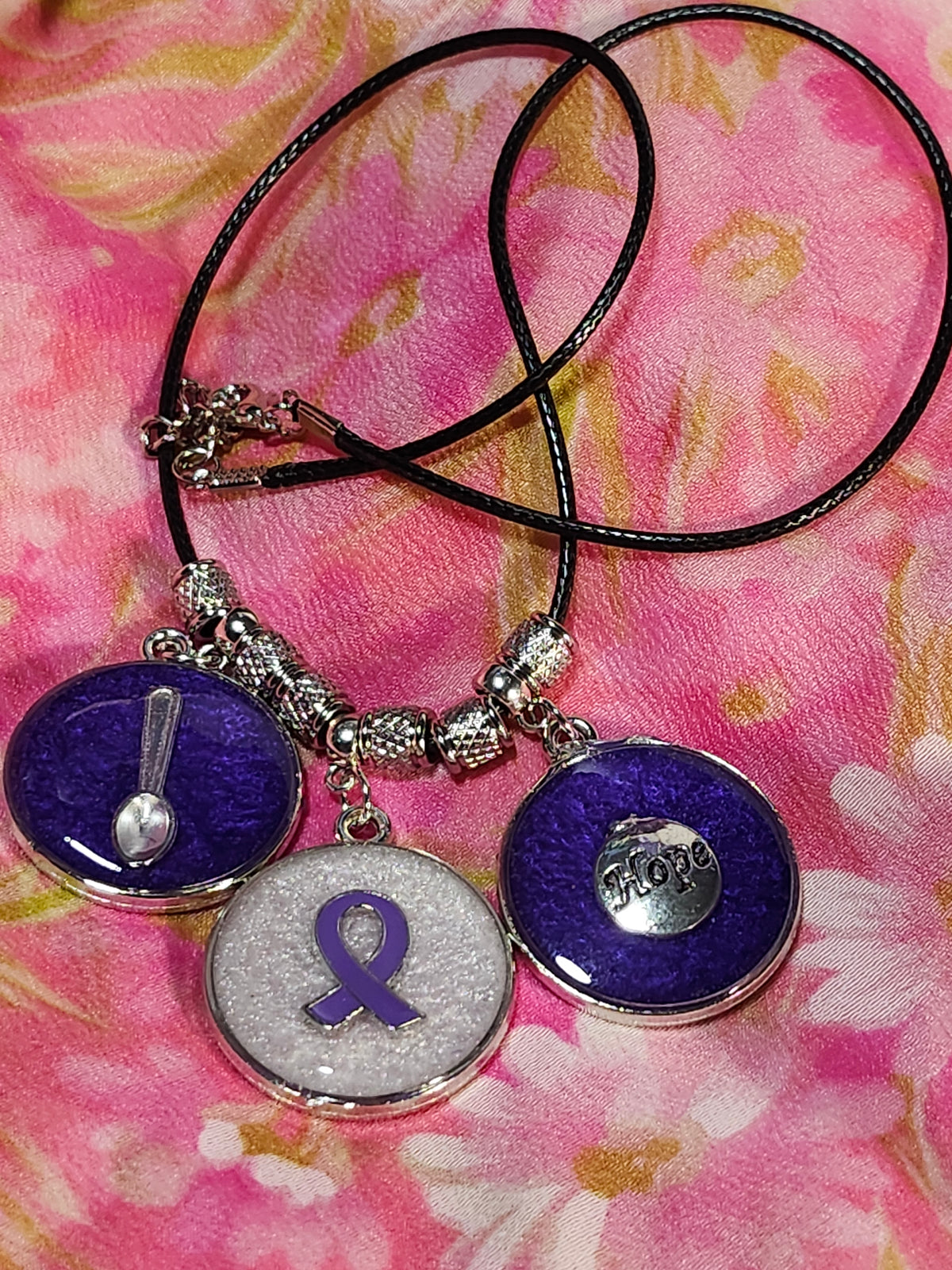 Purple ribbon awareness pendant necklace; Fibromyalgia, Lupus, epilepsy, domestic violence