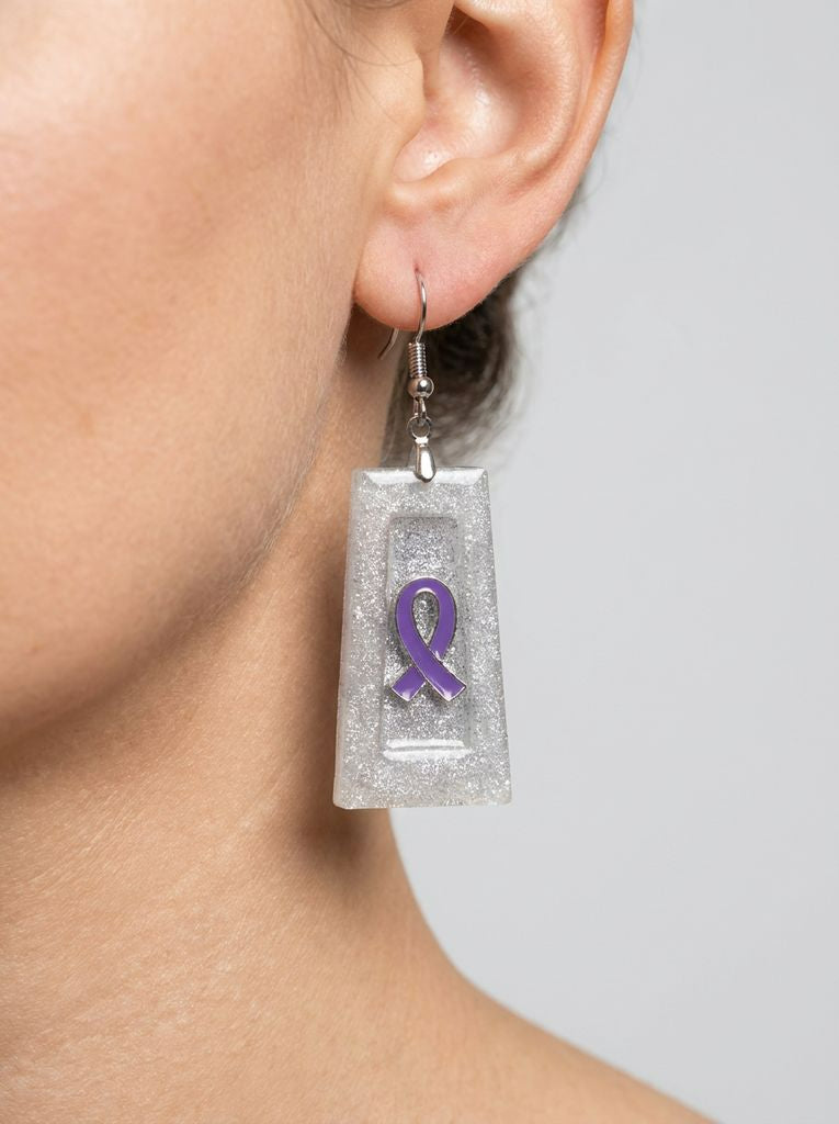 Purple ribbon inspired resin dangle earrings; Fibromyalgia, Lupus, Domestic Violence