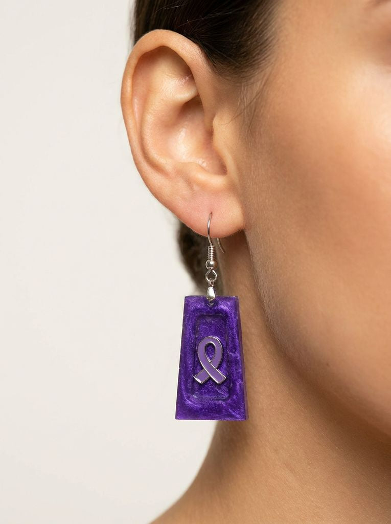 Purple ribbon inspired resin dangle earrings; Fibromyalgia, Lupus, Domestic Violence